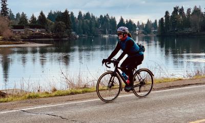 Jessica Moskowitz pedals along Eagle Harbor Drive